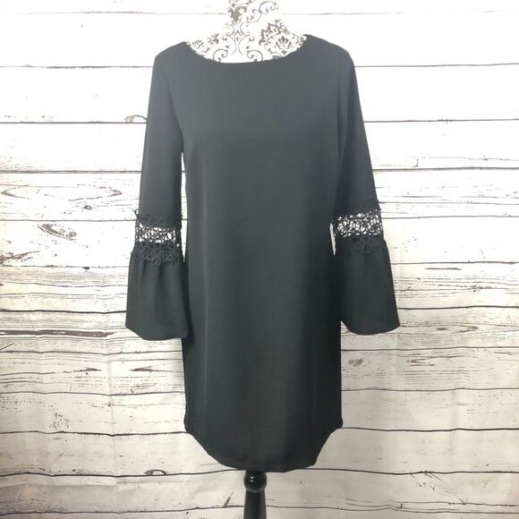 Cynthia Rowley Lace Inset Bell Sleeve Dress Black 4 - Picture 1 of 10